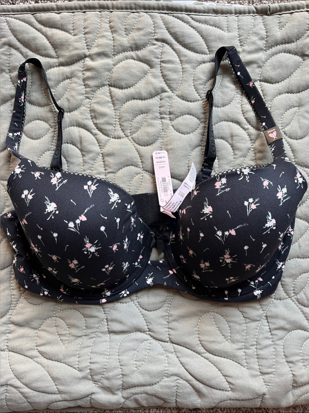 34DD Victoria's Secret Black Bra with Pink & White Floral Print